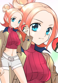 1girl belt blonde_hair blue_eyes breasts brown_jacket closed_mouth commentary_request cowboy_shot crop_top cropped_shirt gradient_hair hair_bun hand_up highres holding holding_poke_ball jacket long_sleeves looking_at_viewer maskmaya1 medium_breasts midriff multicolored_hair navel nintendo open_clothes open_jacket parted_bangs pink_hair poke_ball poke_ball_(basic) pokemon pokemon_legends:_z-a red_shirt ribbed_shirt shirt short_shorts shorts sidelocks solo standing taunie_(pokemon) turtleneck turtleneck_shirt white_belt white_shorts zoom_layer