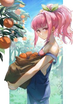 1girl absurdres anya_alstreim blue_overalls closed_mouth code_geass commentary_request commission food fruit highres long_hair looking_at_viewer orange_(fruit) outdoors overalls pink_eyes pink_hair robizou_(robizou285) skeb_commission smile solo tree