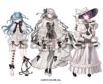 3girls ahoge ankle_bow ankle_ribbon arm_at_side back_bow bare_shoulders black_boots black_bow black_gloves black_ribbon black_shoes black_shorts black_thighhighs black_tube_top blue_hair blunt_bangs boots bow brooch center-flap_bangs clothing_cutout copyright_notice cross-laced_clothes cross-laced_gloves cross-laced_top detached_leggings double_bun dress dress_bow dress_ribbon elbow_gloves footwear_bow frilled_dress frilled_garter frilled_sleeves frills full_body garter_straps gem gloves gradient_hair grey_eyes grey_hair hair_between_eyes hair_bow hair_bun hair_ribbon hand_to_own_mouth hands_on_own_cheeks hands_on_own_face hat hat_bow high_heel_boots high_heels jewelry lace-up_boots layered_dress leg_ribbon leggings lineup long_dress long_hair long_hair_between_eyes long_sleeves looking_at_viewer midriff_peek mole mole_under_eye mole_under_mouth multicolored_hair multicolored_shoes multiple_girls nail_polish nanase_suzuna naruka_(ynarukay) neck_ribbon nijisanji o-ring o-ring_thigh_strap official_alternate_costume official_art orange_nails pencil_dress platform_boots puffy_short_sleeves puffy_sleeves purple_hair red_gemstone ribbon sample_watermark see-through_clothes see-through_dress see-through_sleeves shoes short_dress short_hair short_sleeves shorts shoulder_cutout simple_background single_detached_legging skirt_hold sleeve_bow sleeve_ribbon sophia_valentine standing strapless tamanoi_nana thigh_boots thigh_strap thighhighs tube_top two-sided_fabric two-sided_headwear two-tone_shoes two_side_up veil very_long_hair virtual_youtuber waist_ribbon watermark white_background white_dress white_hat white_leggings white_shoes white_veil yellow_eyes