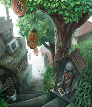 ca7 car day foliage highres house industrial_pipe jizou lantern motor_vehicle no_humans original outdoors paper_lantern scenery stairs statue tree