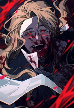 1boy :d absurdres bags_under_eyes beard_stubble black-framed_eyewear black-framed_glasses black_background black_coat black_suit blood blood_in_hair blood_on_cheek blood_on_clothes blood_on_face blood_on_mouth blood_splatter blood_stain blood_trail brown_hair coat collarbone collared_shirt crazy_eyes english_text evil_smile facial_hair fangs floating floating_clothes floating_hair formal_clothes glasses gregor_(project_moon) grin guro hair_between_eyes half-closed_eyes happy high_collar highres horror_(theme) la_manchaland_(identity)_(project_moon) limbus_company long_hair long_sleeves looking_at_viewer male_focus official_alternate_costume open_mouth portrait project_moon red-tinted_eyewear red_eyes ribbed_shirt scarf semi-rimless_eyewear sharp_teeth shirt simple_background slit_pupils smile smirk smug solo stole striped_clothes striped_scarf stubble suit teeth tinted_eyewear tongue under-rim_eyewear upper_body vampire wavy_hair white_scarf white_shirt white_stole yasuihiruya