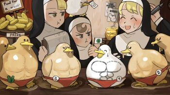 1boy 3girls :&lt; :d :t ^_^ beard bird blonde_hair brown_eyes brown_hair cheating_(competitive) cheek_bulge chicken chili_pepper clipboard closed_eyes clumsy_nun_(diva) commentary competition corn curtains diva_(hyxpk) door drawing dripping duck english_commentary english_text facial_hair flag food food_on_face food_on_head froggy_nun_(diva) habit highres holding holding_clipboard holding_flag honey honeypot little_nuns_(diva) male_swimwear male_underwear marker mouth_hold multiple_girls muscular numbered_flag nun object_on_head open_mouth paintbrush paper poster_(object) priest puddle red_briefs red_male_swimwear red_male_underwear red_swim_briefs reflection scratching_head sign slice_of_life smile spicy_nun_(diva) staring sunglasses sweatdrop swim_briefs swimsuit table traditional_nun underwear when_you_see_it wooden_table yellow_eyes