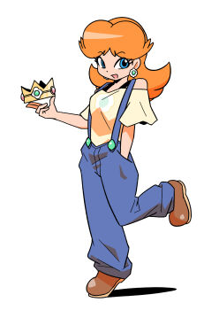 1girl absurdres blue_overalls brown_hair brown_shoes crown floral_print hand_in_pocket highres holding holding_crown junnosu long_hair mario_(series) nintendo overalls princess_daisy shoes simple_background smile white_background