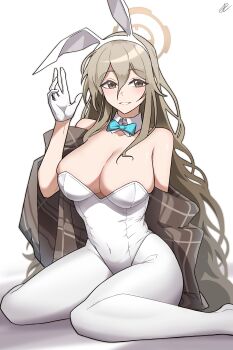 Rule 34 | 1girl, absurdres, akane (blue archive), akane (bunny) (blue archive), animal ears, bare shoulders, blue archive, breasts, cleavage, commentary request, fake animal ears, gloves, halo, highres, jiho (artist), large breasts, leotard, long hair, looking at viewer, official alternate costume, open mouth, pantyhose, playboy bunny, rabbit ears, simple background, sitting, solo, thick thighs, thighhighs, thighs, wariza, white gloves, white leotard, white pantyhose