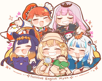 5girls :3 :d ^_^ blonde_hair blue_hair blunt_bangs blush_stickers chibi chibi_only closed_eyes commentary death-sensei_(mori_calliope) deerstalker diamond_hairband ebi-chan_(gawr_gura) fang gawr_gura gawr_gura_(1st_costume) grin halo hat highres holding holding_magnifying_glass hololive hololive_english holomyth investigator_(watson_amelia) kfp_employee_(takanashi_kiara) long_hair magnifying_glass mori_calliope mori_calliope_(1st_costume) multicolored_hair multiple_girls ninomae_ina&#039;nis ninomae_ina&#039;nis_(1st_costume) open_mouth pink_hair same_anko short_hair smile sparkle streaked_hair symbol-only_commentary takanashi_kiara takanashi_kiara_(1st_costume) takodachi_(ninomae_ina&#039;nis) tiara two-tone_hair two_side_up veil virtual_youtuber watson_amelia watson_amelia_(1st_costume) white_hair