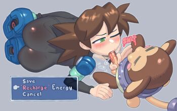 1girl armor ass bodysuit breasts brown_hair capcom darkbot data_(mega_man) fellatio genderswap genderswap_(mtf) highres medium_breasts mega_man_(series) mega_man_legends_(series) mega_man_volnutt oral torn_clothes