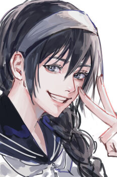 1girl amanai_riko b8_(calclzz) black_hair blue_eyes blue_sailor_collar braid commentary_request from_side grey_headband hair_between_eyes hair_over_shoulder headband highres jujutsu_kaisen korean_commentary lips looking_at_viewer portrait sailor_collar school_uniform simple_background smile solo solo_focus teeth v white_background