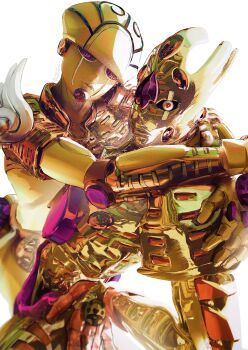2others 3d arrow_print commentary_request compound_eyes gold_experience gold_experience_requiem gold_skin hand_around_neck highres hug jojo_no_kimyou_na_bouken jojo_pose looking_at_viewer multiple_others purple_eyes red_eyes stand_(jojo) time_paradox uu0000322 vento_aureo white_background wing_ornament