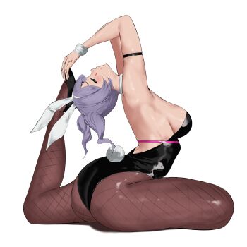 1girl animal_ears arm_strap arms_up ass black_leotard black_shoes blush breasts brown_pantyhose closed_mouth commentary detached_collar english_commentary fake_animal_ears fake_tail fishnet_pantyhose fishnets flexible from_side full_body hair_ornament hatsune_miku highres large_breasts leg_up leotard looking_at_viewer mulhubs pantyhose playboy_bunny purple_eyes purple_hair rabbit_ears rabbit_hole_(vocaloid) rabbit_tail shoes short_hair sideboob simple_background sitting smile solo strapless strapless_leotard stretching tail teardrop_facial_mark vocaloid white_background x_hair_ornament