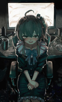 1girl ahoge alternate_costume black_dress blue_bow blue_bowtie blush bow bowtie brown_hair can cat_hair_ornament chair clutter commentary_request computer computer_keyboard computer_mouse crying crying_with_eyes_open desk dress energy_drink fang frilled_dress frills gaming_chair green_eyes hair_between_eyes hair_ornament hair_ribbon hands_on_lap highres hololive looking_at_viewer looking_up medium_hair messy_room monitor natsuiro_matsuri numzawa open_mouth own_hands_together ribbon side_ponytail sitting skin_fang smile solo swivel_chair tears virtual_youtuber