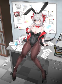 1girl absurdres ahoge animal_ears antenna_hair arknights bare_shoulders black_footwear black_jacket black_leotard bow bowtie breasts brown_pantyhose cleavage collarbone covered_navel desk detached_collar fake_animal_ears groin hairband hand_up high_heels highleg highleg_leotard highres horns jacket kumarang large_breasts leotard long_legs long_sleeves looking_at_viewer no_bra off_shoulder on_desk open_clothes open_jacket pantyhose paper playboy_bunny rabbit_ears red_eyes short_hair silver_hair sitting solo strapless strapless_leotard w_(arknights) wrist_cuffs