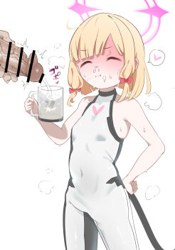 1boy 1girl absurdres bar_censor bare_arms blonde_hair blue_archive bodysuit bow breasts censored closed_eyes commentary_request cum cum_in_container cum_on_body cup ejaculation facial gokkun hair_bow halo hand_on_own_hip heart hentaisinsidt hetero highres holding holding_cup low-tied_sidelocks male_masturbation masturbation momoi_(battlesuit)_(blue_archive) momoi_(blue_archive) official_alternate_costume penis pink_halo red_bow sidelocks simple_background small_breasts solo_focus speech_bubble spoken_heart veins veiny_penis white_background white_bodysuit
