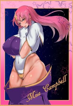 1girl breasts cameltoe character_name cowboy_shot curvy english_text engrish engrish_text gloves gundam gundam_seed gundam_seed_destiny hair_ornament highleg highleg_leotard huge_breasts leotard long_hair looking_at_viewer meer_campbell mucc_(ren0522) multicolored_leotard pink_hair purple_eyes purple_skirt ranguage skirt solo star_(sky) star_(symbol) star_hair_ornament thick_thighs thighs unworn_clothes white_gloves white_leotard wide_hips