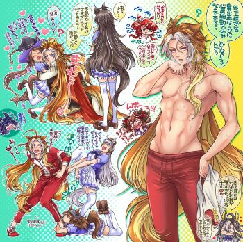 1boy 6+girls ? ^^^ afterimage ahoge anger_vein animal_ears aroused_nosebleed arrow_(symbol) beanie blonde_hair blood blunt_bangs blush brown_hair brown_shoes chibi clothing_cutout coat drawstring dream_journey_(umamusume) drooling ear_covers ear_ornament ears_through_headwear embarrassed feet_out_of_frame feet_up fenomeno_(umamusume) flying_sweatdrops full_body genderswap genderswap_(ftm) gentildonna_(umamusume) glasses gold_ship_(umamusume) grey_hair groin hair_ornament hair_over_shoulder hand_on_another&#039;s_cheek hand_on_another&#039;s_face hand_up harem hat heart hetero highres holding holding_jacket holding_unworn_clothes horse_boy horse_ears horse_girl horse_tail hug jacket jewelry leaning_back leaning_forward legs_apart linea_alba long_hair long_sleeves looking_at_another looking_at_viewer lying male_focus miru_(mill_36) motion_lines multicolored_hair multiple_girls nakayama_festa_(umamusume) navel nipples nose_blush nosebleed on_stomach orfevre_(control)_(umamusume) orfevre_(umamusume) pants peaked_cap pectorals pillbox_hat pink_hair pointing pulling_another&#039;s_clothes purple_eyes purple_shirt red_hair red_jacket red_pants red_track_suit school_uniform shirt shoes short_sleeves skirt standing standing_on_one_leg stay_gold_clan_(umamusume) stomach sweat sweep_tosho_(umamusume) tail tail_through_clothes tearing_up thighhighs toned toned_male topless_male tracen_school_uniform track_jacket track_pants track_suit translation_request trembling umamusume unworn_clothes unworn_jacket very_long_hair win_variation_(umamusume) witch_hat zettai_ryouiki