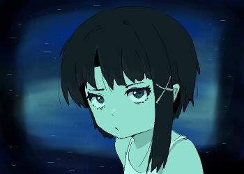 1girl abstract_background asymmetrical_hair black_eyes black_hair blurry blurry_background camisole commentary english_commentary hair_ornament iwakura_lain portrait serial_experiments_lain short_hair single_sidelock solo static treepxiv white_camisole x_hair_ornament