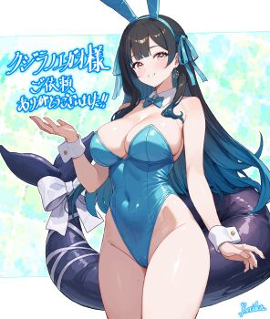 1girl :d absurdres animal_ears arm_at_side bare_shoulders black_hair blue_hair blue_hairband blue_ribbon blunt_bangs bow bowtie breasts cameltoe cetacean_tail cleavage commentary_request covered_navel cowboy_shot detached_collar earrings eyelashes fake_animal_ears fingernails fins fish_tail gradient_hair green_bow green_bowtie green_leotard grin groin hair_ribbon hairband hand_up highleg highleg_leotard highres indie_virtual_youtuber jewelry large_breasts legs_together leotard long_fingernails long_hair mole mole_on_thigh multicolored_hair nail_polish open_mouth pink_nails playboy_bunny rabbit_ears raiden_(kdsn3783) ribbon shiny_skin sidelocks skindentation smile solo standing strapless strapless_leotard tail tail_bow tail_ornament teeth thighs very_long_hair virtual_youtuber whale_girl white_bow white_wrist_cuffs wing_collar wrist_cuffs yellow_eyes yona_(iotayona)
