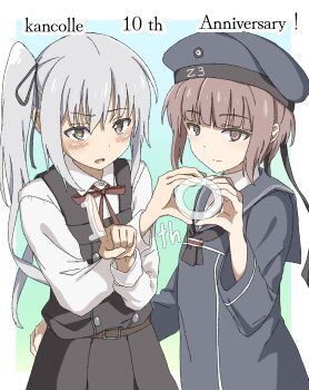 2girls anniversary black_dress black_ribbon brown_eyes brown_hair clothes_writing dress grey_hair hair_ribbon hat highres kantai_collection kasumi_(kancolle) kasumi_kai_ni_(kancolle) kirisaki_seeker long_sleeves multiple_girls neck_ribbon pinafore_dress red_ribbon ribbon sailor_dress sailor_hat shirt short_hair side_ponytail sleeveless sleeveless_dress white_shirt z3_max_schultz_(kancolle)