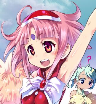 2girls ? armpits bindi blue_eyes braid cheering cheerleader gundam gundam_g_no_reconguista kanibasami multiple_girls noredo_nug pink_hair pom_pom_(cheerleading) raraiya_monday red_eyes silver_hair