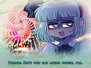 1girl apron attack averting_eyes black_hairband black_ribbon boss_fight character_name city cityscape commentary commentary_request danmaku djthunderheart dress english_commentary english_text fighting game_screenshot game_screenshot_background gameplay_mechanics green_apron green_eyes green_skirt hair_ribbon hairband haniyasushin_keiki highres konpaku_youmu logo neck nervous nervous_smile open_mouth pocket pouch ribbon scared screenshot_background shards shirt sketch skirt smile solo sweat sweatdrop tools touhou touhou_world_cup white_hair white_shirt wily_beast_and_weakest_creature wolf_spirit_(touhou) wood_carving_tool