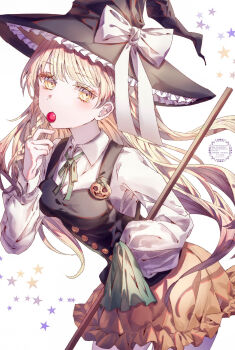 1girl alternate_costume black_vest blonde_hair bow braid breasts broom candy collared_shirt commentary eating food green_ribbon hair_bow halloween_costume hat hat_bow highres holding holding_broom holding_candy holding_food holding_lollipop jack-o&#039;-lantern_ornament kirisame_marisa lollipop long_hair long_sleeves looking_at_viewer neck_ribbon orange_skirt ribbon shirt side_braid single_braid skirt solo star_(symbol) suzushina symbol-only_commentary touhou very_long_hair vest watermark white_bow white_shirt witch_hat yellow_eyes