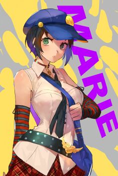 1girl bag bare_shoulders belt black_hair black_necktie blue_hat blush breasts character_name checkered_clothes checkered_skirt choker collared_shirt commentary elbow_gloves fingerless_gloves gloves green_eyes hat highres holding_strap jc_(pixiv_66949345) large_breasts lock looking_at_viewer loose_necktie marie_(persona_4) necktie parted_lips persona persona_4 persona_4_the_golden red_choker red_skirt shirt short_hair shoulder_bag skirt sleeveless sleeveless_shirt solo striped_clothes striped_gloves upper_body white_shirt