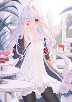 1girl absurdres ahoge bare_shoulders black_jacket black_pantyhose chemise collarbone commentary_request dessert dress food fruit highres jacket long_hair long_sleeves looking_at_viewer loyeriveri off_shoulder one_eye_closed open_clothes open_jacket original pantyhose pudding red_eyes sleeveless sleeveless_dress solo strawberry tiered_tray white_chemise white_dress white_hair