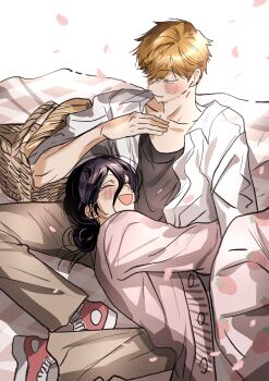 1boy 1girl black_shirt blonde_hair blush brown_pants busuttt cardigan chainsaw_man closed_eyes collared_shirt commentary_request couple denji_(chainsaw_man) falling_petals food_print fruit_print hair_between_eyes hair_bun hetero highres korean_commentary lap_pillow medium_hair open_mouth pants petals picnic picnic_basket picnic_blanket pink_cardigan pink_petals pink_skirt print_skirt purple_hair red_shoes reze_(chainsaw_man) shirt shirt_under_shirt shoes short_hair skirt smile sneakers strawberry_print updo white_background white_shirt yellow_eyes