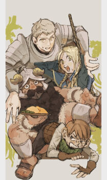 1girl 3boys ambrosia_(dungeon_meshi) anger_vein angry armor beard black_eyes black_hair black_pants blonde_hair blue_capelet braid breastplate brown_hair capelet chilchuck_tims clenched_teeth commentary_request dungeon_meshi dwarf facial_hair fake_horns food gorget green_eyes halfling helmet holding holding_plate horned_helmet horns laios_touden long_beard long_hair marcille_donato multiple_boys mustache neck_warmer omelet open_mouth pants pauldrons plate sandals senshi_(dungeon_meshi) shirt short_hair shoulder_armor sweat sweatdrop syugyoou039 teeth twin_braids v-shaped_eyebrows very_long_beard white_shirt yellow_eyes