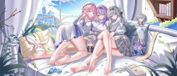 3girls absurdres ass barefoot bed beret black_hairband blue_hairband breasts castorice_(honkai:_star_rail) castorice_(luckin_coffee)_(honkai:_star_rail) character_doll chinese_commentary colored_skin commentary_request cyrene_(demiurge)_(honkai:_star_rail) cyrene_(galaxy_store)_(honkai:_star_rail) cyrene_(honkai:_star_rail) diamond-shaped_pupils diamond_(shape) doll dress feet firefly_(honkai:_star_rail) firefly_(spring_missive)_(honkai:_star_rail) grey_hair grey_skin hairband hat highres honkai:_star_rail honkai_(series) jndfh large_breasts long_hair looking_at_viewer mem_(honkai:_star_rail) multiple_girls official_alternate_costume pink_hair purple_eyes purple_hair school_uniform shirt soles stelle_(honkai:_star_rail) symbol-shaped_pupils toes trailblazer_(honkai:_star_rail) very_long_hair white_dress white_shirt
