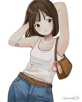 1girl armpits arms_behind_head arms_up bag belt belt_buckle brown_belt brown_hair buckle closed_mouth cowboy_shot denim expressionless grey_eyes handbag highres looking_to_the_side medium_hair nena_labo original sideways_glance signature simple_background solo standing tank_top white_background white_tank_top