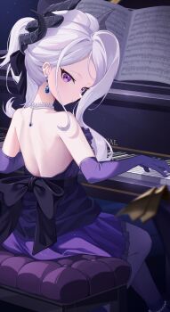 1girl absurdres backless_dress backless_outfit bare_shoulders blue_archive closed_mouth commentary_request demon_girl demon_horns dowal dress earrings elbow_gloves from_behind gloves highres hina_(blue_archive) hina_(dress)_(blue_archive) horns instrument jewelry multiple_horns music necklace official_alternate_costume official_alternate_hairstyle piano playing_instrument playing_piano purple_dress purple_eyes purple_gloves sitting solo strapless strapless_dress white_hair