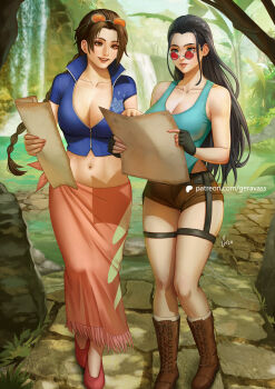 2girls aqua_leotard artist_name black_gloves black_hair blue_eyes blue_jacket boots braid braided_ponytail breasts brown_eyes brown_footwear brown_hair brown_shorts cleavage collarbone cosplay costume_switch cropped_jacket crossover day eyewear_on_head fingerless_gloves geravass gloves highres holding holding_map jacket lara_croft lara_croft_(cosplay) large_breasts legs legs_together leotard long_hair map midriff multiple_girls navel nico_robin nico_robin_(cosplay) nico_robin_(return_to_sabaody) one_piece orange-tinted_eyewear outdoors patreon_logo patreon_username red-tinted_eyewear round_eyewear sarong short-sleeved_jacket short_shorts short_sleeves shorts signature standing sunglasses sunglasses_on_head thighs tinted_eyewear tomb_raider toned toned_female watermark web_address