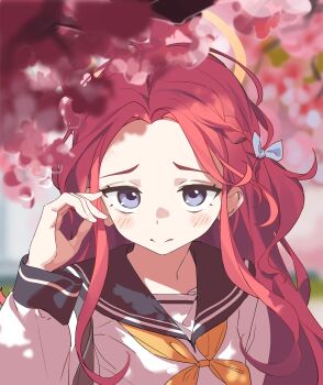 1girl 2t_(vmyz7342) absurdres black_sailor_collar blue_archive blue_eyes blurry blurry_foreground blush bow braid cherry_blossoms closed_mouth commentary depth_of_field forehead hair_bow halo hand_up highres long_hair long_sleeves looking_at_viewer neckerchief red_hair sailor_collar school_uniform serafuku shirt solo symbol-only_commentary upper_body white_shirt yellow_halo yellow_neckerchief yuzu_(blue_archive)