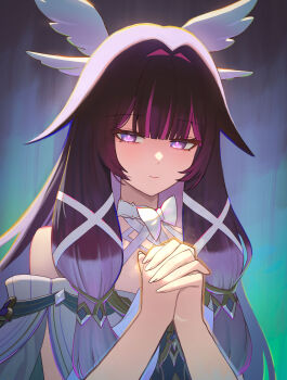 1girl absurdres bare_shoulders bow bright_pupils closed_mouth columbina_(genshin_impact) commentary double-parted_bangs dress genshin_impact hair_intakes half-closed_eyes head_wings highres long_hair looking_at_viewer oro_(lsg0624) own_hands_clasped own_hands_together pink_pupils purple_hair smile solo unusually_open_eyes upper_body white_bow white_dress white_wings wings