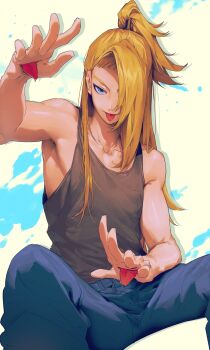 Rule 34 | 1boy, absurdres, bare arms, bare shoulders, black tank top, blonde hair, blue eyes, blue pants, cf nrt, deidara (naruto), extra mouth, hair over one eye, half updo, highres, looking at viewer, male focus, naruto (series), naruto shippuuden, pants, ponytail, sitting, solo, swept bangs, tank top, toned, toned male, tongue, tongue out