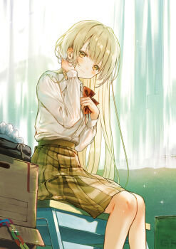 1girl adjusting_hair backlighting blonde_hair blush bow bowtie brown_eyes brown_skirt closed_mouth cover cover_image folded_clothes furrowed_brow gradient_hair hand_in_own_hair hanekoto highres indoors long_hair long_sleeves looking_at_viewer maid_headdress multicolored_hair novel_illustration official_art otonari_no_tenshi-sama_ni_itsu_no_mani_ka_dame_ningen_ni_sarete_ita_ken plaid_clothes plaid_skirt pleated_skirt red_bow red_bowtie school_uniform shiina_mahiru_(otonari_no_tenshi-sama) shirt shy sitting skirt solo sparkle textless_version very_long_hair white_shirt