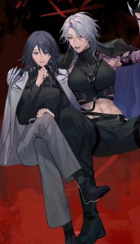 2girls abs absurdres arm_around_shoulder arm_tattoo arm_up black_background black_coat black_footwear black_pants black_shirt boots chest_harness chief_(path_to_nowhere) chinese_commentary coat coat_on_shoulders collared_shirt commentary cropped_shirt female_chief_(path_to_nowhere) gradient_background grey_coat grey_eyes grey_hair grey_lips grey_pants hair_between_eyes hand_on_own_chin harness highres liiger looking_at_viewer medium_hair midriff multiple_girls navel navel_piercing pants parted_bangs path_to_nowhere piercing red_background shirt shoulder_tattoo side-by-side sitting sleeveless sleeveless_shirt sword_necklace tattoo toned toned_female tribal_tattoo turtleneck turtleneck_shirt undershirt waving zoya_(path_to_nowhere)