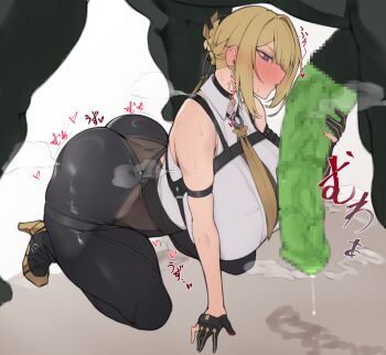1girl animal_penis ass aster_crowley bare_shoulders bestiality black_gloves black_pants blonde_hair blush breasts censored chest_harness choker collared_shirt earrings elbow_gloves erection evelyn_chevalier gloves green_penis hair_ornament harness high-waist_pants high_heels highres horse horse_penis huge_breasts jewelry looking_at_penis medium_hair necktie pants penis purple_eyes shirt sleeveless sleeveless_shirt squatting thick_thighs thighs tight_clothes tight_pants white_shirt zenless_zone_zero