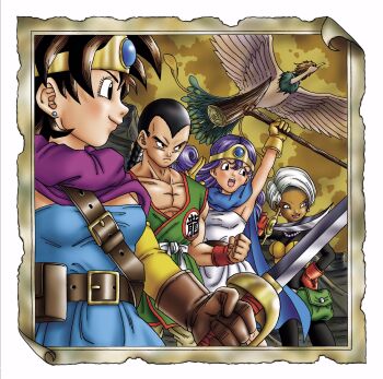 Rule 34 | 1boy, 1other, 3girls, arm up, bag, bead necklace, beads, belt, bird, black bodysuit, black eyes, blue cape, blue dress, blue eyes, blue gem, bodysuit, border, braid, breasts, brown belt, brown gloves, brown hair, bustier, cape, circlet, clenched hand, commentary request, curly hair, dagger, dark-skinned female, dark skin, detached sleeves, dougi, dragon quest, dragon quest iii, dress, earrings, feet out of frame, floating clothes, floating hair, frown, gem, gloves, gold circlet, hair pulled back, heroine (dq3), highres, holding, holding dagger, holding knife, holding staff, holding sword, holding weapon, jewelry, knife, looking to the side, martial artist (dq3), multiple girls, murakami yumiko, muscular, muscular male, necklace, official alternate design, pink lips, profile, purple cape, purple hair, ramia (dq3), red gloves, roto (dq3), sage (dq3), short hair, shoulder bag, single braid, small breasts, spiked hair, staff, strapless, strapless dress, stud earrings, sword, thief (dq3), toriyama akira (style), weapon, white border, white dress, white hair, widow's peak, yellow bustier, yellow gloves, yellow sleeves