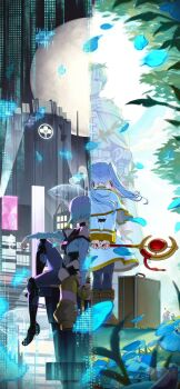 Rule 34 | 1boy, 2girls, blue flower, building, cityscape, cyberpunk: edgerunners, cyberpunk (series), detached sleeves, eun yo, falling petals, flower, frieren, from behind, full moon, grass, highres, himmel (sousou no frieren), holding, holding staff, hologram, jacket, knee up, leaf, mage staff, mechanical legs, moon, multiple girls, outdoors, petals, red ribbon, ribbon, short hair, sitting, skyscraper, sousou no frieren, staff, statue, suitcase, unworn jacket, white hair, white sleeves, yellow jacket