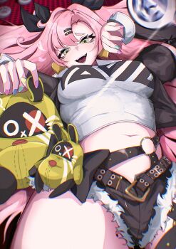 1girl absurdres amillion_(zenless_zone_zero) bangboo_(zenless_zone_zero) black_ribbon black_shorts blurry blurry_background blurry_foreground blush breasts coin cowboy_shot cutoffs earrings fur-trimmed_shorts fur_trim green_eyes hair_ornament hairclip hashtag-only_commentary heart heart_earrings highres holding holding_stuffed_toy jewelry large_breasts long_hair looking_at_viewer lying micro_shorts midriff mole mole_on_thigh mole_under_eye motion_blur multicolored_nails navel nicole_demara on_back open_mouth pink_hair ribbon shorts solo strapless stuffed_animal stuffed_toy thighs tube_top two_side_up white_tube_top yama_kabosu zenless_zone_zero