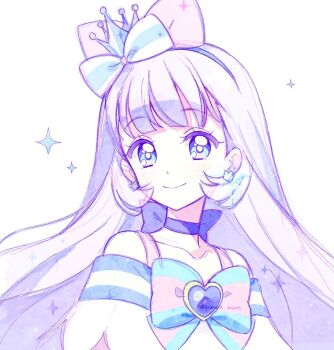 Rule 34 | 1girl, animal ear hairband, animal ears, aqua bow, bare shoulders, blue bow, blue choker, blue crown, blue eyes, blue hairband, blunt bangs, bow, bow choker, bow hairband, bright pupils, brooch, cat ear hairband, cat ears, chest bow, choker, closed mouth, collarbone, commentary, crown, crown earrings, cure nyammy, dated, dress, earrings, fake animal ears, frilled dress, frills, hairband, heart, heart brooch, jewelry, long hair, looking at viewer, magical girl, mini crown, multicolored bow, nekoyashiki yuki, off-shoulder dress, off shoulder, portrait, precure, qianxia yell, simple background, smile, solo, sparkle, split mouth, straight hair, striped bow, tilted headwear, twitter username, very long hair, white background, white bow, white dress, white hair, wonderful precure!, yellow pupils