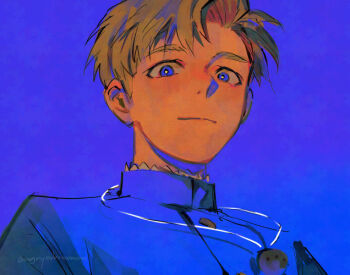 1boy artist_name blonde_hair blue_background blue_eyes blue_jacket chi.:_chikyuu_no_undou_ni_tsuite closed_mouth jacket jewelry kadeart looking_at_viewer male_focus necklace rafal_(chi.) short_hair simple_background