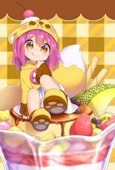 Rule 34 | 1girl, :p, animal ears, blueberry, blush, brown eyes, cherry, dress, fake animal ears, female focus, food, food on face, fox hat, fox tail, fruit, full body, highres, hood, in food, kiwi (fruit), kiwi slice, long hair, looking at viewer, melon, nipeira, orange (fruit), original, oversized object, paw shoes, pudding, purple hair, shoes, smile, solo, strawberry, tail, tongue, tongue out, yuzuwa-chan