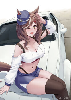 1girl animal_ears black_panties black_thighhighs blush breasts brown_hair car cleavage hair_ornament hairclip hat highleg highleg_panties highres horse_ears horse_girl horse_tail long_sleeves matikanetannhauser_(umamusume) motor_vehicle on_car open_mouth panties race_queen salute skirt smodzz998 stomach tail thighhighs umamusume underwear