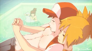 1boy 2girls animated animated_gif baseball_cap black_hair brown_hair closed_eyes clothes_lift covering_another's_eyes covering_own_eyes dewgong gen_1_pokemon gym_leader handjob hat hetero large_penis misty_(pokemon) multiple_girls nintendo npc_trainer nude orange_hair pectorals penis pokemon pokemon_(anime) pokemon_(classic_anime) pokemon_(creature) pokemon_adventures pool public_indecency reach-around red_(pokemon) red_hair saltyicecream shirt_lift short_hair side_ponytail solo_focus swimmer_(pokemon) swimming two-handed_handjob uncensored voyeurism watching