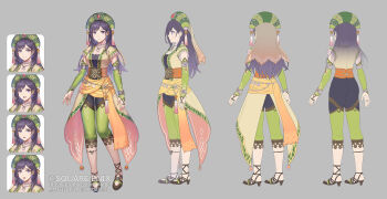 Rule 34 | 1girl, anbe yoshirou, angry, armlet, artist name, black ribbon, breasts, bridal gauntlets, brown sandals, capri pants, cleavage, closed mouth, commentary request, copyright notice, frilled sleeves, frills, full body, gloves, green gloves, green pants, grey background, highres, jewelry, leg ribbon, light smile, long hair, medium breasts, multiple expressions, necklace, official art, open mouth, pants, purple eyes, purple hair, ribbon, romancing saga 2, saga, sandals, see-through cleavage, see-through clothes, short sleeves, smile, sofia (romancing saga 2), standing, surprised, tassel, veil, worried, yellow veil