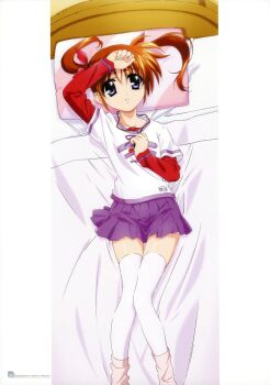 1girl absurdres arm_up bed bed_sheet blue_eyes brown_hair child collarbone dot_nose female_focus flat_chest highres kneehighs legs loli long_hair long_sleeves looking_at_viewer lying lyrical_nanoha mahou_shoujo_lyrical_nanoha megami_magazine miniskirt official_art okuda_yasuhiro on_back pillow pink_socks pleated_skirt purple_skirt raising_heart raising_heart_(standby_mode) red_shirt scan sexually_suggestive shirt skirt socks solo solo_focus takamachi_nanoha thighhighs thighs twintails white_shirt white_thighhighs zettai_ryouiki
