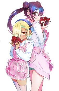 2girls apron blonde_hair brown_eyes brown_hair candy chocolate chocolate_heart commentary_request cover_image cowboy_shot double_bun eyes_visible_through_hair food green_skirt hair_bun hair_ornament hair_over_one_eye hairclip headphones heart heart-shaped_food height_difference highres holding holding_chocolate holding_food hood hoodie kabaya_yumiko kakunaru_ue_wa long_hair long_sleeves looking_at_viewer miyamoto_niina multiple_girls pink_apron pink_thighhighs pleated_skirt red_ribbon ribbon school_uniform shirt short_hair simple_background skirt standing thighhighs twintails white_background white_hoodie white_shirt