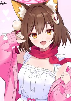 1girl :d absurdres alternate_costume animal_ear_fluff animal_ears aurelia88 bare_shoulders blue_archive blush bow brown_hair cardigan casual commentary dress english_commentary eyeshadow fang fox_ears fox_girl fox_hair_ornament frilled_dress frills hair_between_eyes hair_intakes hair_ornament halo hands_up happy heart highres izuna_(blue_archive) looking_at_viewer makeup medium_hair one_side_up open_cardigan open_clothes open_mouth pink_background pink_cardigan pink_halo pom_pom_(clothes) pom_pom_hair_ornament red_eyeshadow red_scarf scarf signature simple_background skin_fang sleeve_bow sleeveless sleeveless_dress sleeves_past_wrists smile solo straight_hair upper_body white_bow white_dress yellow_eyes